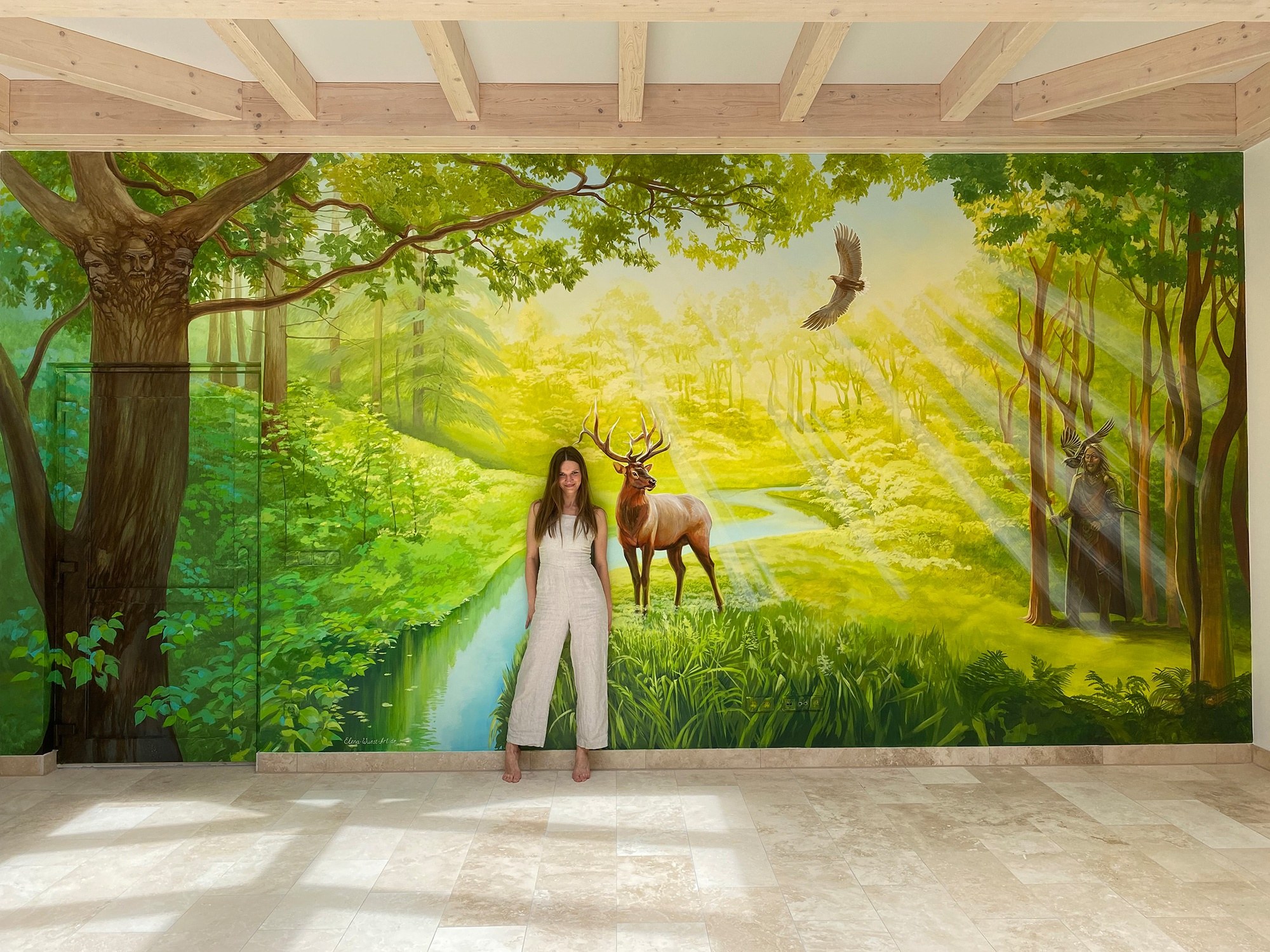 Mural "Roter Hirsch" by Elena Wuest, Hotel Seeschlößchen, Groß Köris