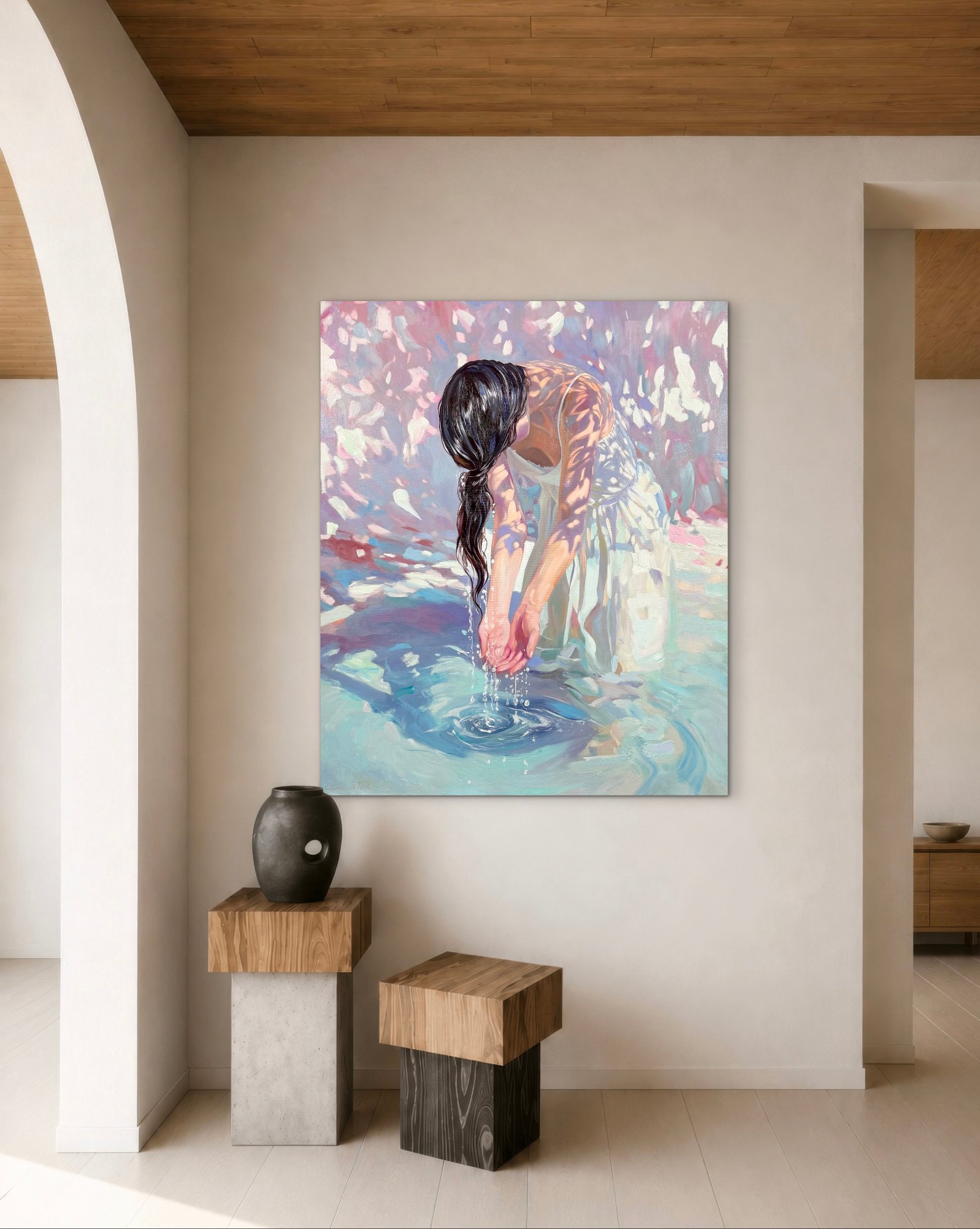 Still Water Ritual, oil painting by Elena Wuest shown in an interior