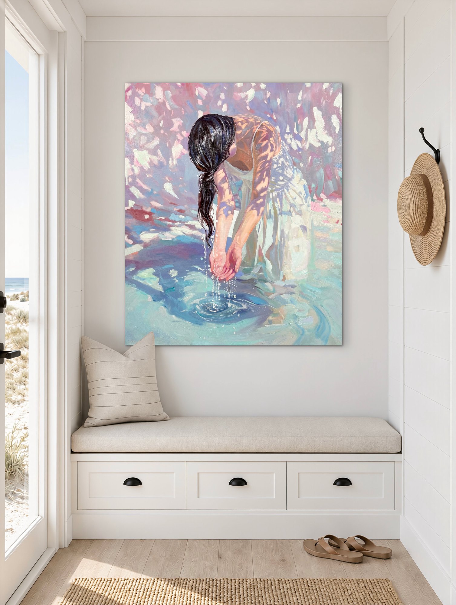 Still Water Ritual, oil painting by Elena Wuest shown in an interior